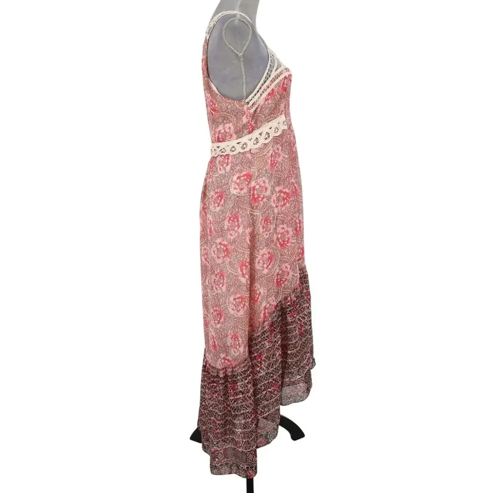 Free People Dress Womens 10 Maxi Ivory Red Pink Floral Lace Trim Lined Chiffon - Picture 5 of 13